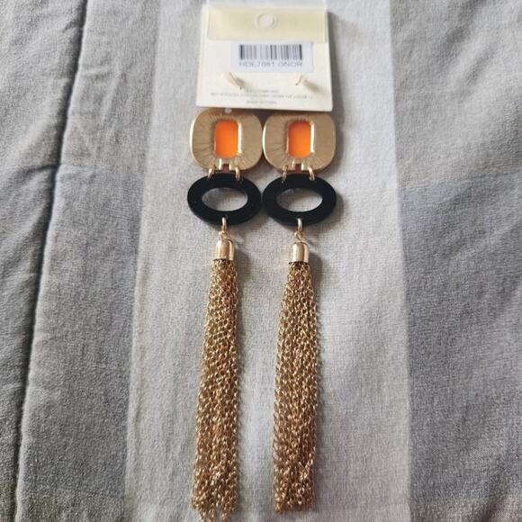 Mia Collection By kim Min Sun Orange And Black Chain Dangle Earrings - Picture 2 of 2